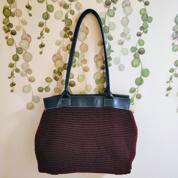 The Sak Elliott Lucca Burgundy Crochet Knit Tote Bag Leather Handle Shoulder Bag - Picture 3 of 8